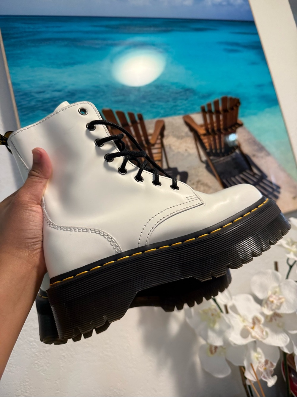 Dr. Martens White Leather Lace-Up Platform Combat Boots with Black Sole
